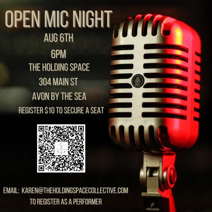 Open Mic Night flyer with a vintage microphone and the August 6 event details