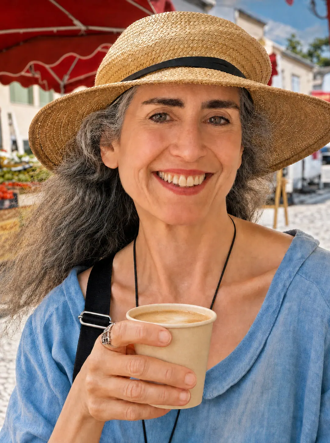 Anne Newgarden smiling beneath a straw hat at an outdoor market