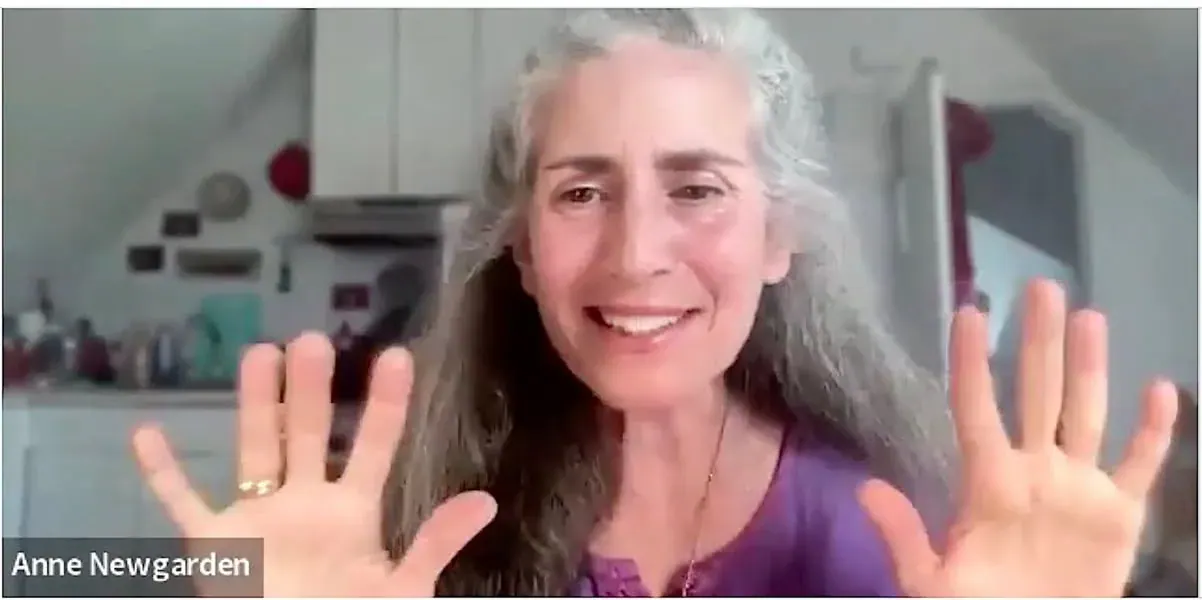 Anne Newgarden smiling and waving during the Ascension Stories video interview