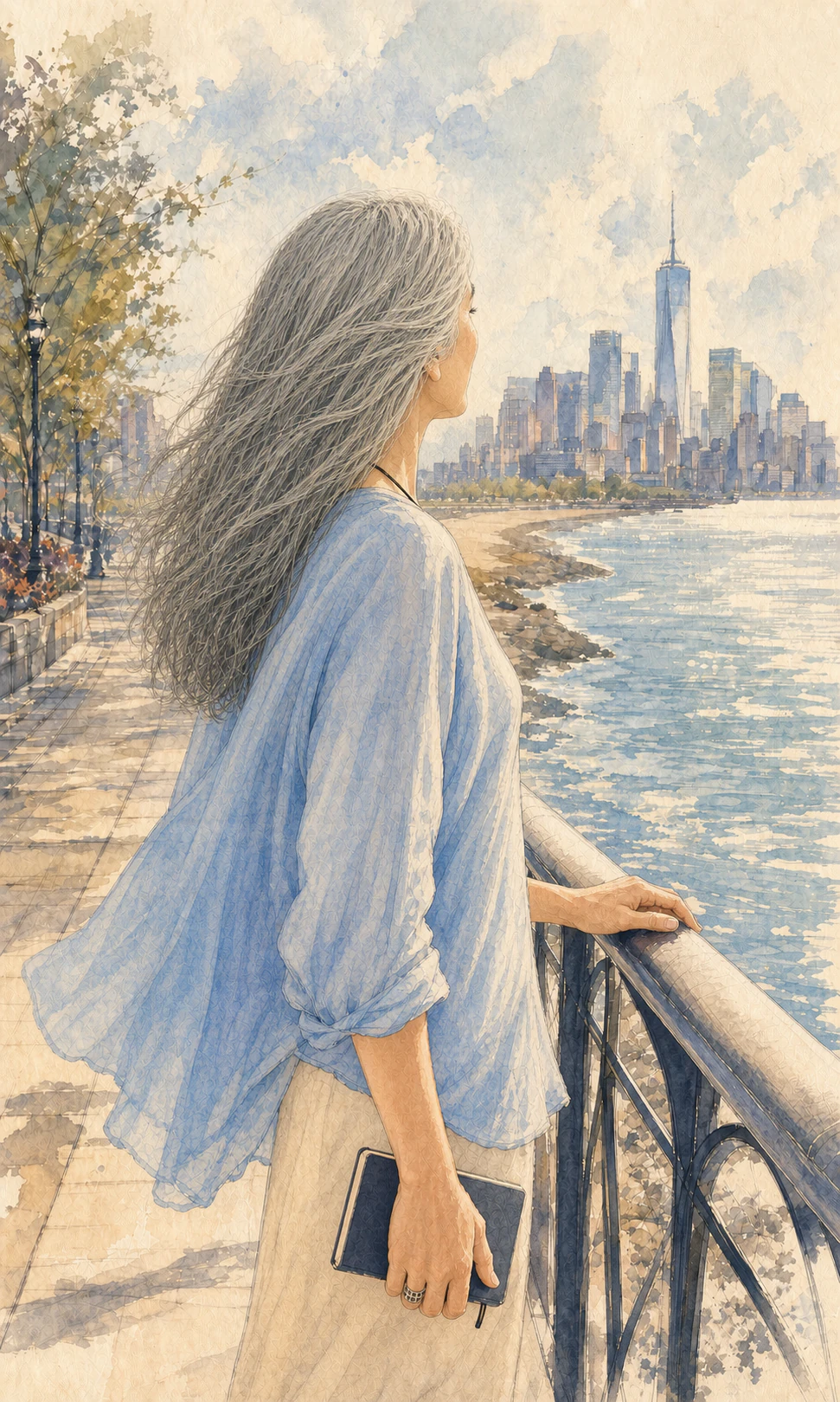 Watercolor-style illustration of Anne Newgarden beside New York’s skyline and shoreline