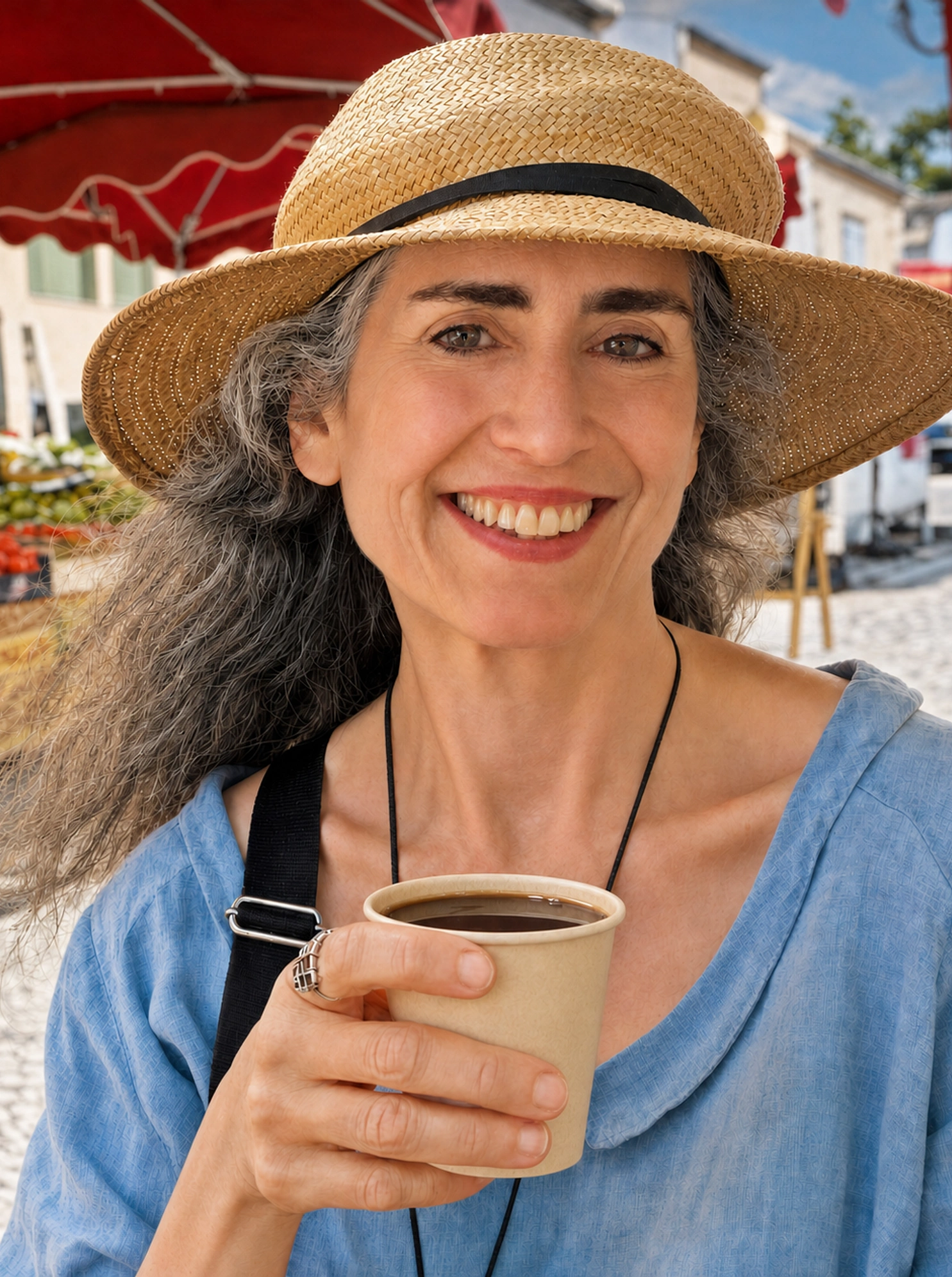 Anne Newgarden smiling beneath a straw hat at an outdoor market