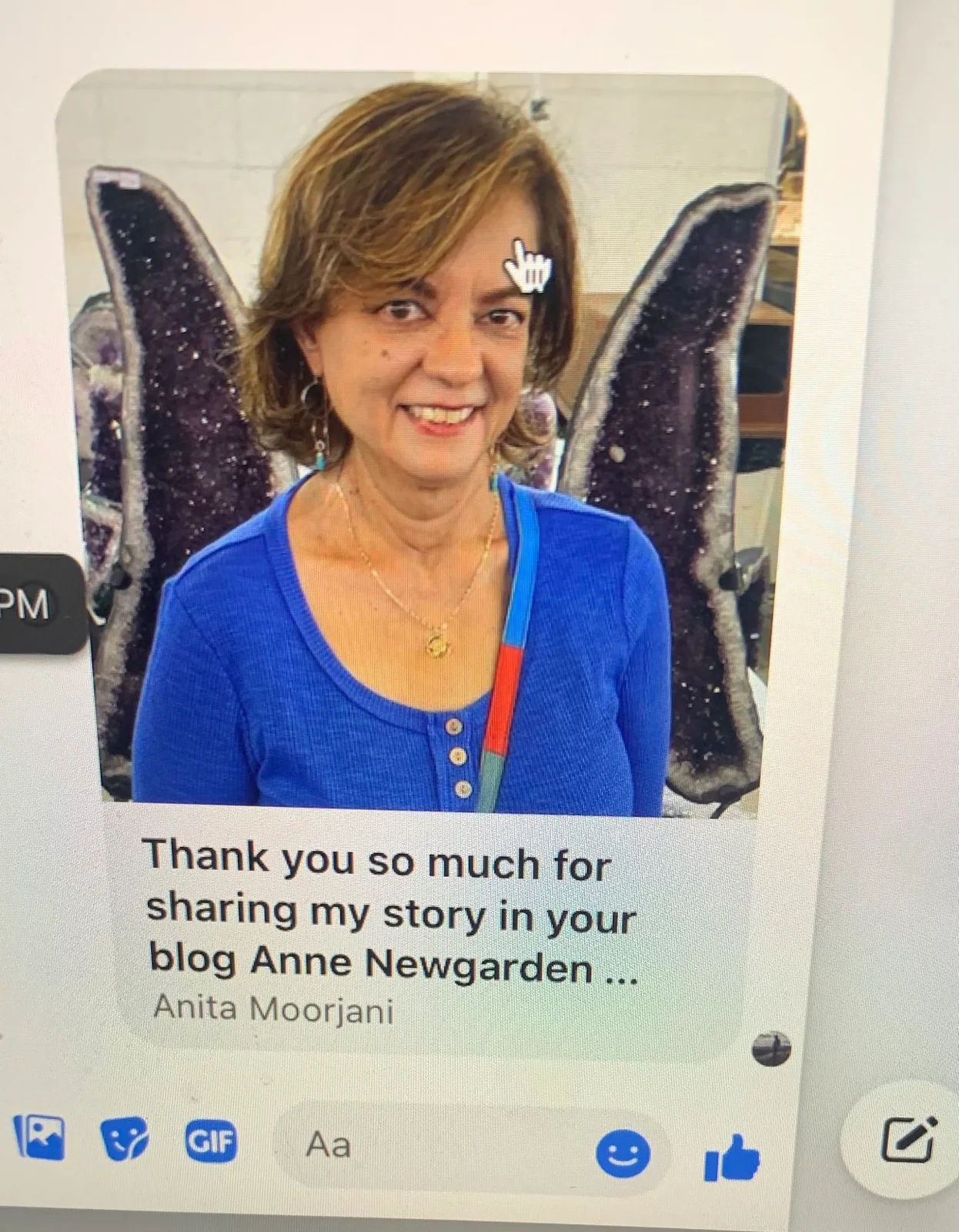 Screenshot of Anita Moorjani's social-media post thanking Anne Newgarden and promoting Adventures of a Soul