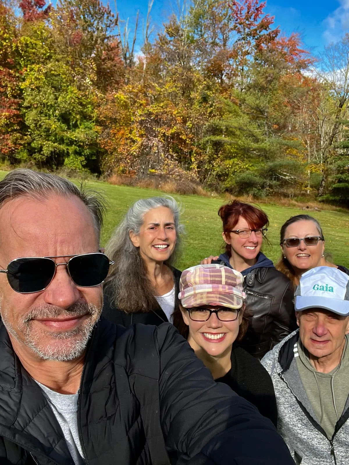 Anne Newgarden and members of her Power of Eight group taking an autumn selfie in Kerhonkson