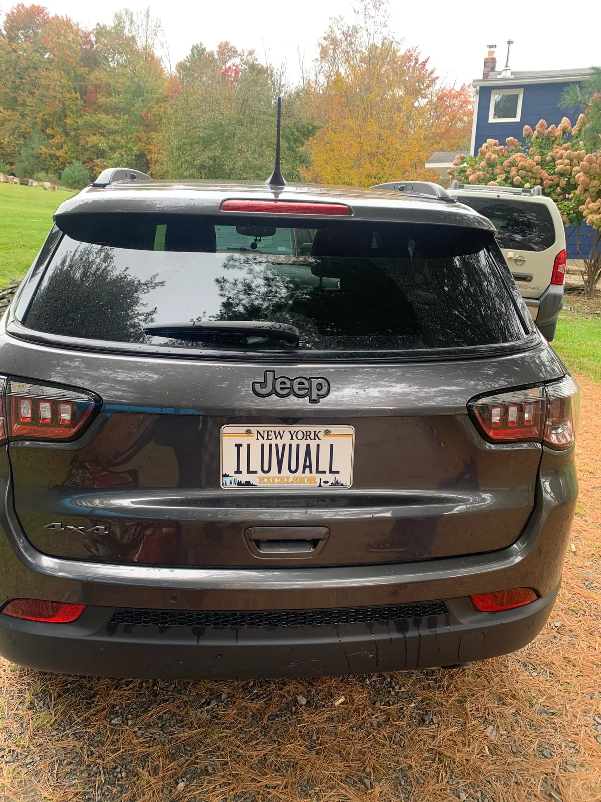 Rear of a Jeep with a New York vanity plate reading 1LUVUALL